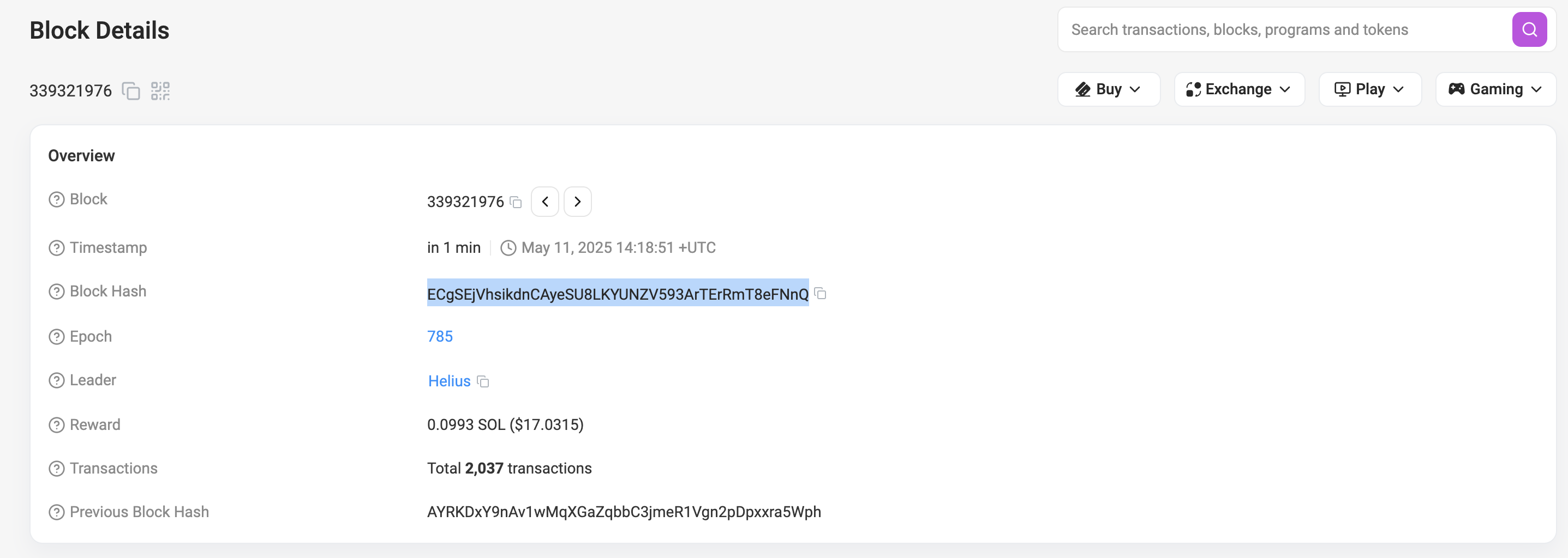 Solscan block details showing hash